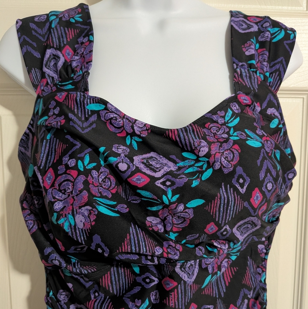 NWOT ShapeMe Ruched Bathing Suit Coldwater Creek Women's Size 12 Black Purple - Picture 2 of 11